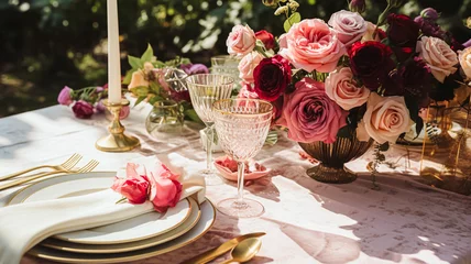 Tuinposter Wedding and event celebration tablescape with flowers, formal dinner table setting with roses and wine, elegant floral table decor for dinner party and holiday decoration, home styling © Anneleven