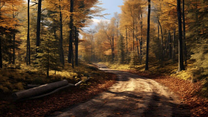 A path in a beautiful forest with warm autumn sunlight