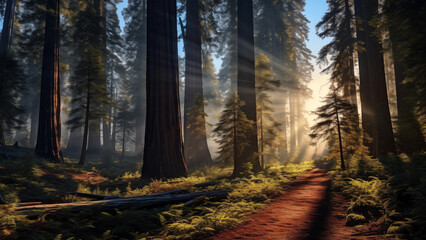 Obraz premium Warm sunlight coming through the tall trees of a dense forest.