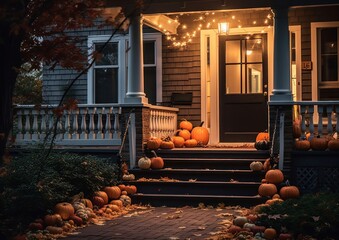 Festive front porch adorned with an array of pumpkins, creating an autumnal holiday vibe