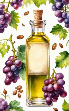 Grape seed oil in a glass bottle. The product is made from grape seeds. Made in watercolor style. White background. AI