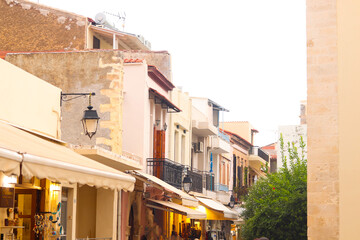 Fototapeta na wymiar Rethymno, Crete - September 27th, 2023: Exterior of building in old town Rethymno, Crete, Greece.