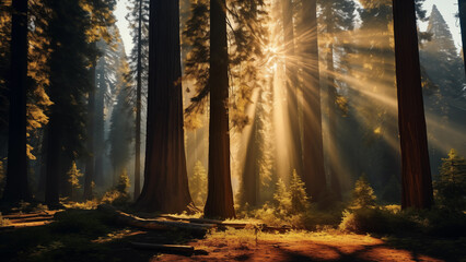 Warm sunlight coming through the tall trees of a dense forest.