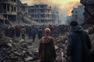 refugees against the backdrop of a destroyed city, people victims of military operations - obrazy, fototapety, plakaty