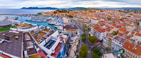 Aerial view of Cannes, a resort town on the French Riviera, is famed for its international film festival - obrazy, fototapety, plakaty