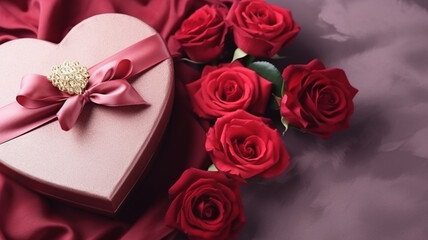 Red roses and gift box on a pink background