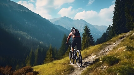 Male mountain biker cyclist riding a bicycle on a mountain bike trail nature outdoors - obrazy, fototapety, plakaty