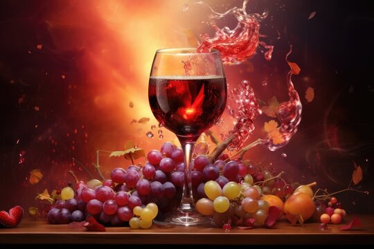 Glass of red wine and grapes illustration
