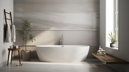 Interior with a modern bathtub in white tones with sunlight streaming in through the window.