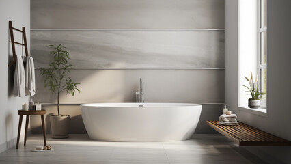 Fototapeta premium Interior with a modern bathtub in white tones with sunlight streaming in through the window.
