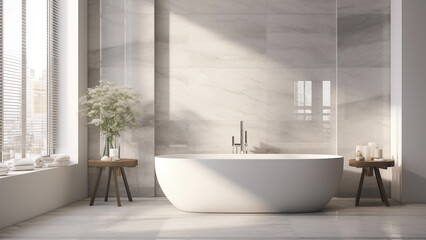 Interior with a modern bathtub in white tones with sunlight streaming in through the window. - obrazy, fototapety, plakaty
