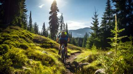Fototapeta na wymiar Female mountain biker cyclist riding a bicycle on a mountain bike trail nature outdoors. Female cyclist challenges herself with an adventure