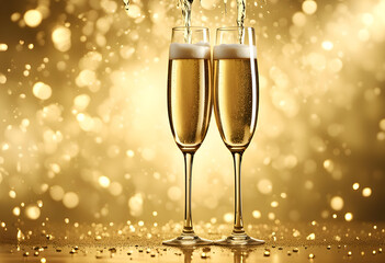 Two glasses of champagne toasting,Shining golden background