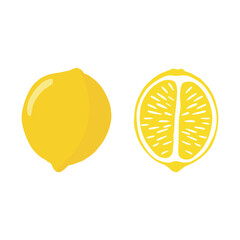 Lemons are bright in a flat style. A set of lemons in different sections, half, whole, highlighted on a white background.