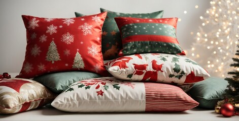 sofa cushions arranged in a pattern showing balance White embroidered cozy pillow on furniture at home terrace near Christmas tree. Details of apartment interior winter holiday season generative ai

