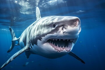 AI generated illustration of a great white shark swims through the tranquil waters of the ocean