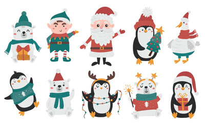 Vector set of cute Christmas penguins, bears, elf and santa claus.