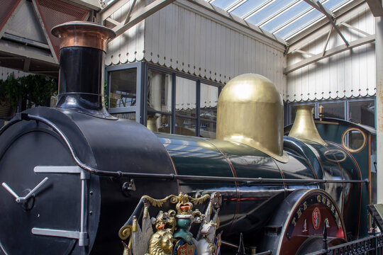 15 June 2023 A reproduction of The Queen (Victoria) steam locomotive on display at the Winsdor Royal Shopping Centre in Royal Windsor Berkshire England