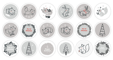Large collection of round labels with Christmas animals.