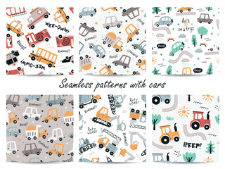 Set of seamless patterns with cute cars © nafanya241