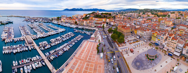 Aerial view of Cannes, a resort town on the French Riviera, is famed for its international film festival - obrazy, fototapety, plakaty
