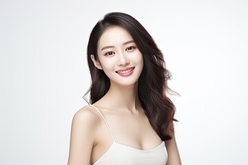 Beautiful Asian woman smiles and radiates happiness, showcasing her healthy, glowing skin. Generative AI