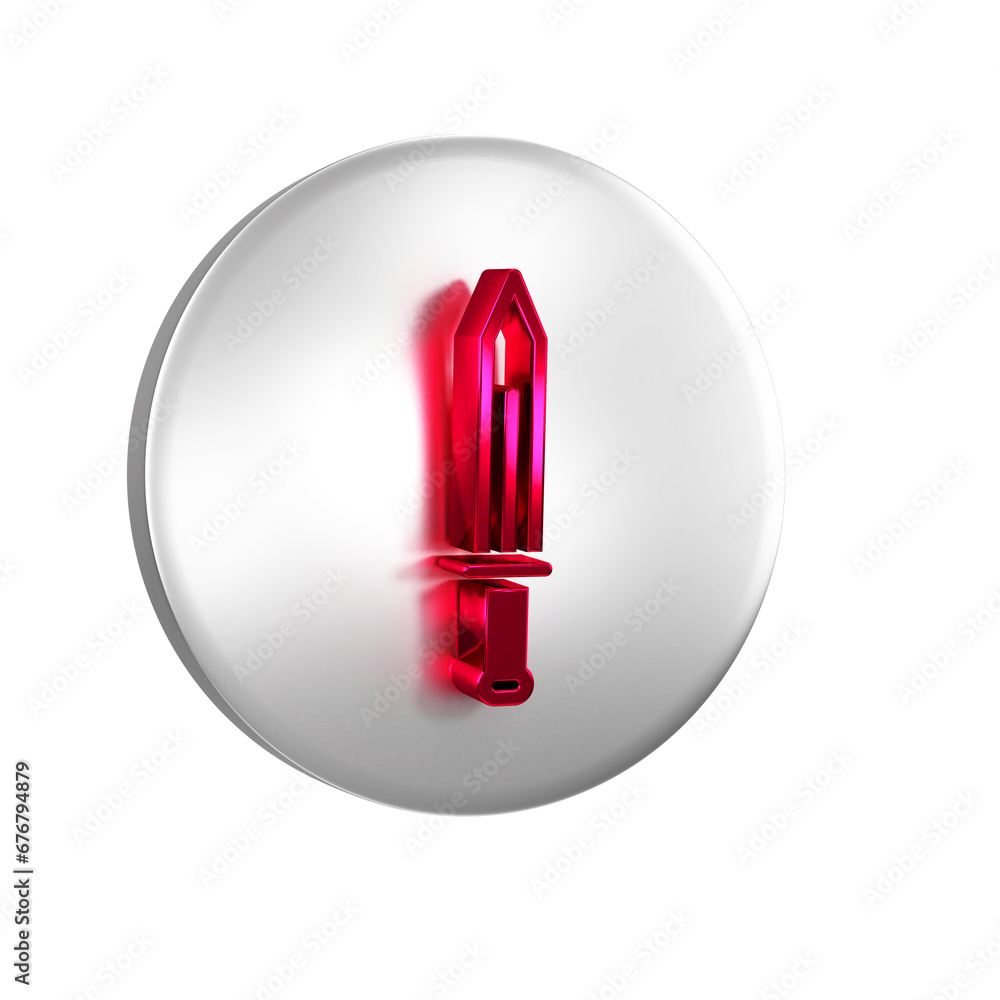 Poster red medieval sword icon isolated on transparent background. medieval weapon. silver circle button.