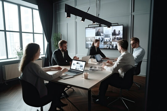 Business people collaborating via video conference web meeting, digital virtual team, the concept of business growth, partnership, trust, mutual benefit, collaboration, agreement, 