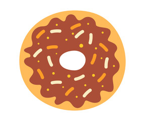 Vector illustration of a donut with caramel glaze and colored sprinkles in flat style on a transparent background