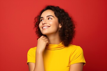 A beautiful young woman with wavy dark hair in a yellow blouse on a red background smiles and looks to the side.