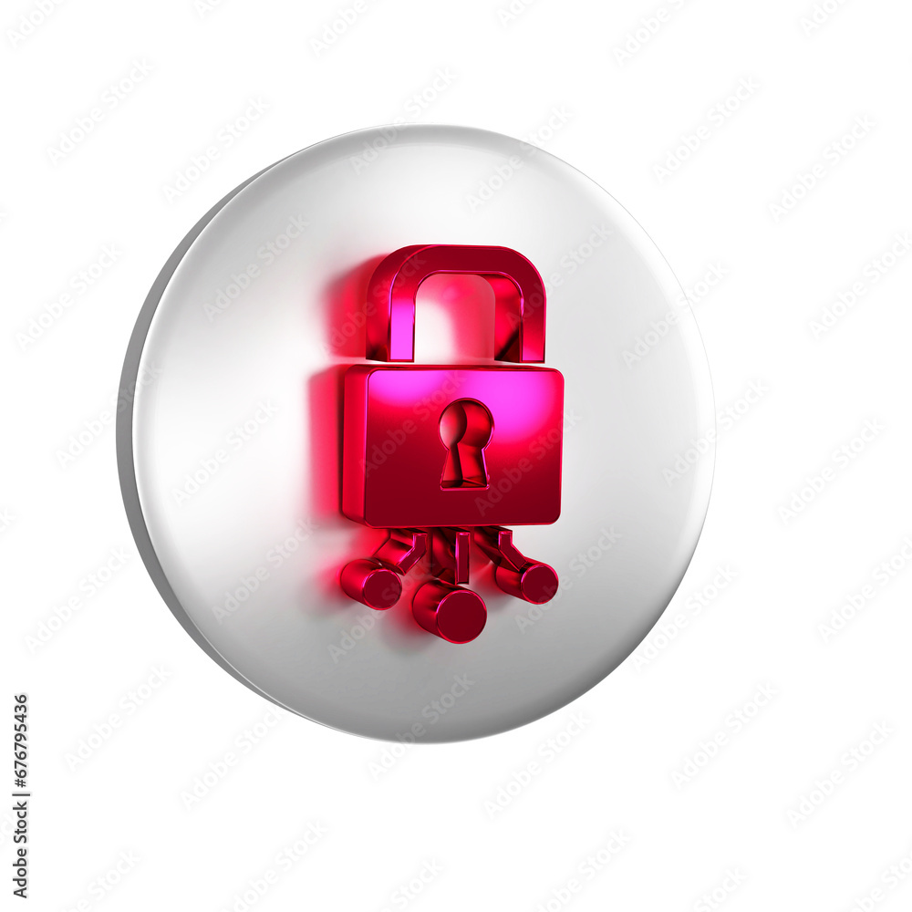 Poster red cyber security icon isolated on transparent background. closed padlock on digital circuit board.