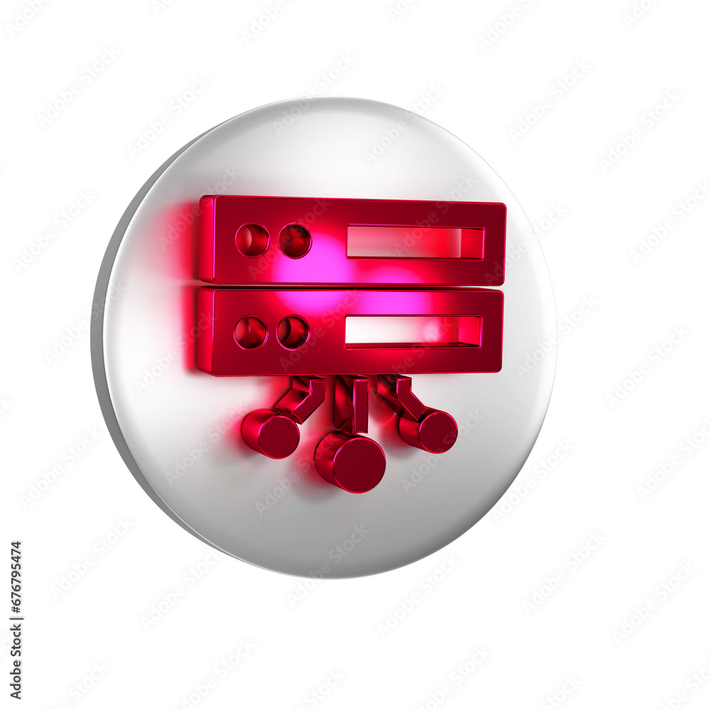 Poster red server, data, web hosting icon isolated on transparent background. silver circle button.