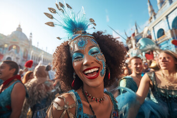 Afro american woman at venice carnival smiling at camera