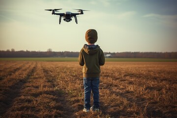 A boy, a schoolboy, launches and controls a drone, a copter against the backdrop of nature in a field.