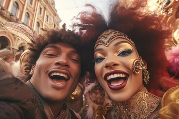 Zelfklevend Fotobehang Selfie of interracial people in venice carnival masquerade © Adrian