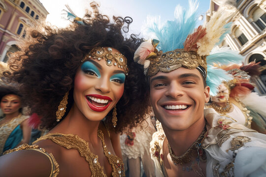Interracial people at venetian carnival having fun