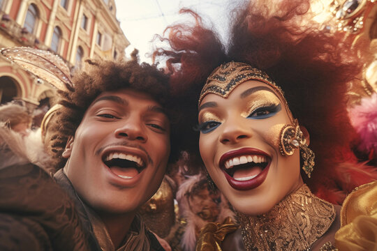 Selfie of interracial people in venice carnival masquerade