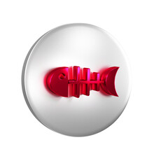 Red Fish skeleton icon isolated on transparent background. Fish bone sign. Silver circle button.