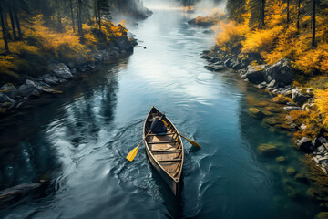 aerial view of a rowing boat in an autumn landscape - obrazy, fototapety, plakaty