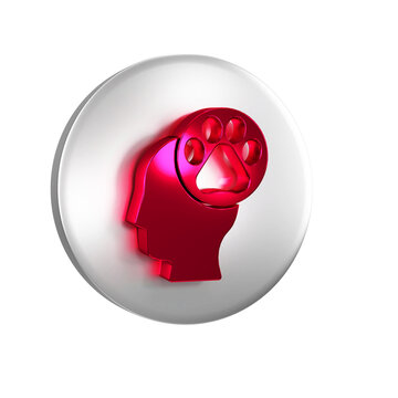 Red Human head with animals footprint icon isolated on transparent background. Pet paw in heart. Love to the animals. Silver circle button.