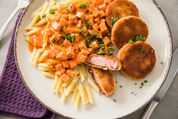 Jägerschnitzel nach DDR GDR Rezept mit Jagdwurst paniert, Makkaroni Penne Nudeln, Tomatensoße, Petersilie mit Teller, Besteck, lila Serviette und Marmor Hintergrund