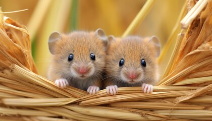 Two incredibly cute and curious mice joyfully frolicking and exploring in a scenic wheat field