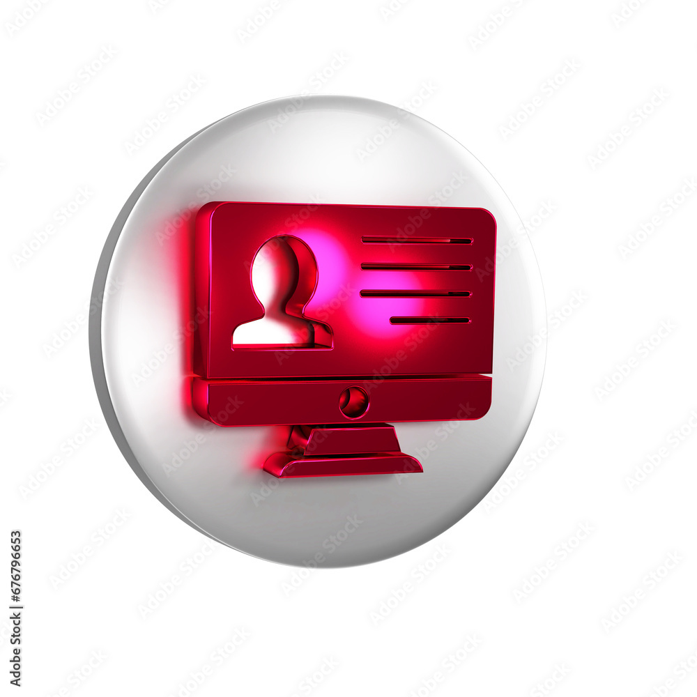 Poster red computer monitor with resume icon isolated on transparent background. cv application. searching 