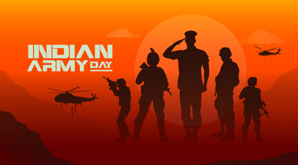 Indian Army Day text with military illustration, army background, soldiers silhouettes.