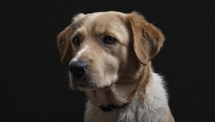 A dog with a sad look on its face and a black background