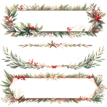 Christmas border, Transparent background, floral frame set. Holiday greeting card template. Elegant wreath, holly berries, spruce, eucalyptus leaves, AI generated © DejaReve