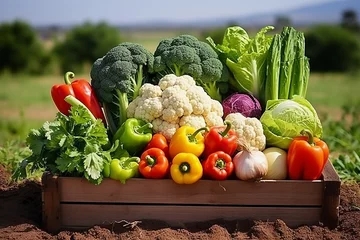 Gordijnen Organic harvest a beautiful assortment of freshly picked vegetables in a wooden box on a sunny day © Ilja
