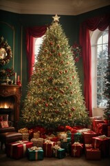ultra realistic image, beautiful Christmas tree, with gifts around it, with a shining star at the top, Generative Ai