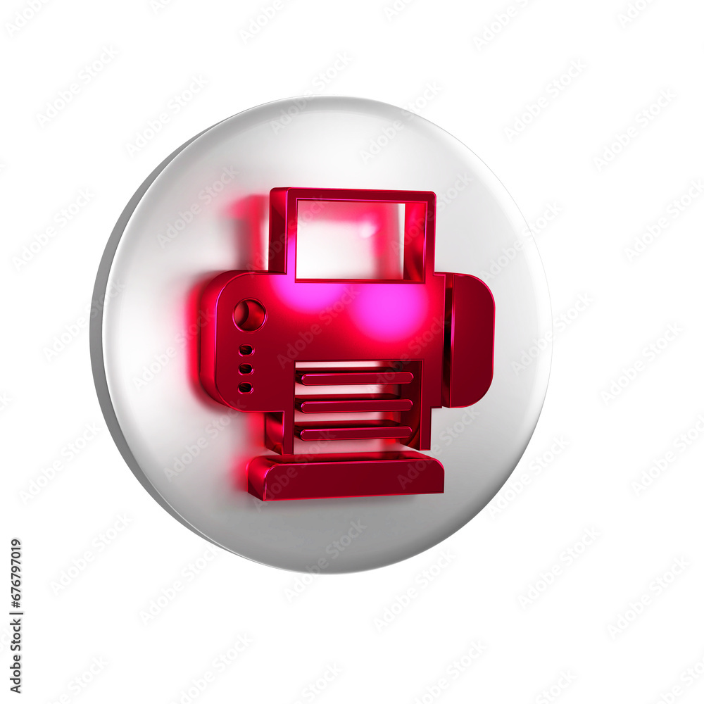 Poster red printer icon isolated on transparent background. silver circle button.