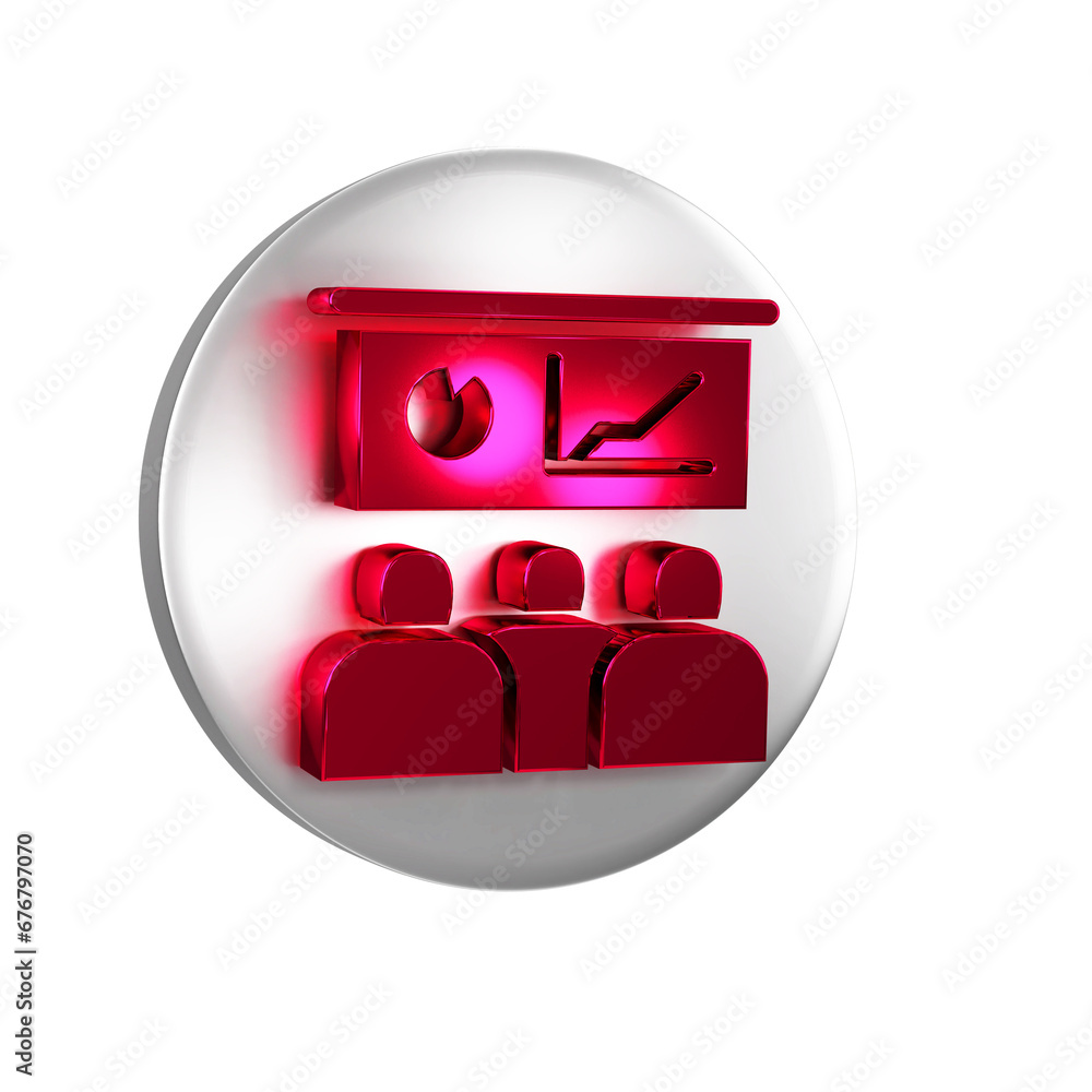 Poster red training, presentation icon isolated on transparent background. silver circle button.